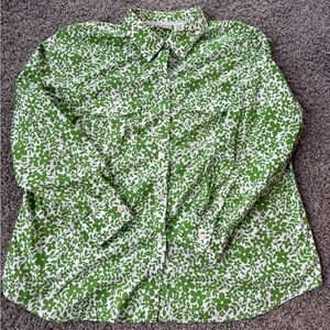 Lands' End Women’s Green and White Floral Button Down Shirt